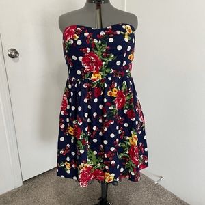 [torrid] Vintage Navy Blue Polka Dot Floral Strapless Dress